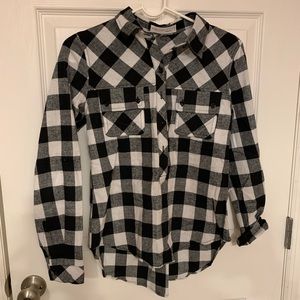 Black White Plaid Half Button Up Flannel